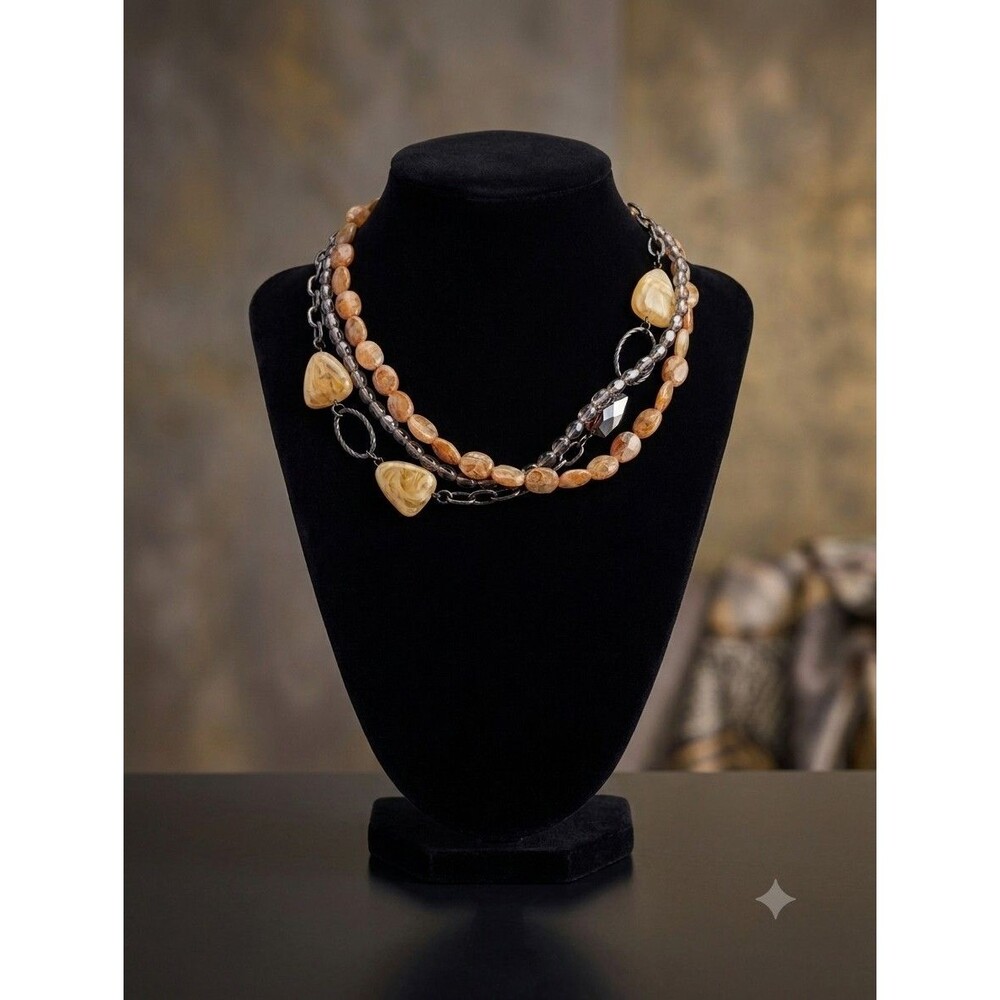 Cookie Lee Multistrand Necklace Silver Tone Brown Cream Neutral Vintage 90s Y2K
